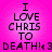 Pixelated text on a pink background reads "I LOVE CHRIS TO DEATH! <3" in two identical vertical with slight variations in pixel density