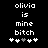 Pixelated text reads 'olivia is mine bitch' with five heart symbols below, two versions show heart color change from white to gray.