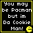 Four identical pixel-art display text and a Pac-Man icon on black backgrounds with yellow borders