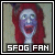 Pixelated image of a figure with red hair and blue skin, mouth open in a shout, overlaid with "SFOG FAN" text at the bottom.