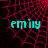 Cyan text 'emily' on a black background with red web-like patterns, displayed in four showing different cropped sections