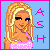 Pixel art icon of a blonde woman with blue eyes wearing a pink top, set against a light blue background with pink border and stylized text on the right.