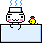 A 3x3 grid of pixel art frames showing a white cartoon character with pink cheeks and blue steam above its head, interacting with a small yellow chick-like figure on the right side of each frame.