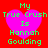 Red background with four identical pink heart shapes, each containing green text reading "My True Crush Is Hannah Goulding" in pixelated font.