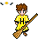 Pixel art character in yellow robe with black 'H' holding broom, two versions show slight pose differences against gray background.