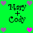 Green background with repeated 'Mary + Cody' text and heart symbols in purple and pink.