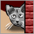 Pixelated gray cat head with white eyes and black nose peeking from behind a vertical red-brown divider on beige background.