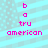 Pixelated text 'b a tru american' in pink on cyan background with light blue diagonal stripes and faint pattern