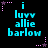 Pixelated text 'luvv allie barlow' in cyan with small pink and purple stars on black background, repeated across six positions