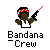 Pixelated icon of a figure with dark skin wearing a red-and-white checkered bandana, white tank top, and holding a black rifle with red muzzle flash, below text reading "Bandana Crew".