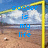 Pixelated image of a soccer field with goalpost, clouds, and blue sky, overlaid with blue text reading "soccer is my life".