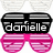 Pixelated image of two pairs of shutter shades with pink frames and black-and-white striped lenses, one pair displaying the text 'danielle' in white letters on the black frame.