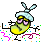Yellow cartoon character with white hat and pink eyes, standing on gray background with black lines and colorful dots.