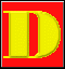 Yellow 'D' on red background above brown dog with blue bowl, transitioning from full to partial view.