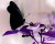 A pixelated static image shows a dark silhouette with purple accents against a light gradient background.