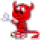 Red devil-shaped figure with horns, tail, and white cloud-like prop against gray background.