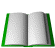 A sequence of showing an open book with green covers and white pages, transitioning from a flat spread to fully closed