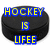 Black hockey puck with yellow text 'HOCKEY IS LIFEE' on left side, two plain black pucks on right and bottom sides.