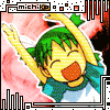 Animated sequence of a green-haired character with yellow horns and blue scarf, alternating between side profile and front view with open mouth expression.