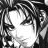 Black-and-white pixelated image of a person with long hair, side profile, against a black background with stylized text.