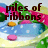 Pixelated image of a blue pond with pink and yellow flowers, green foliage, and brown text reading "piles of ribbons are like piles of friends boring alone but fun together".
