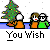 Pixel art animation of two characters near a Christmas tree, with text bubbles and background changes including a phone, snowman, cars, and dark scenes.