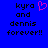 Blue background with black pixelated text reading 'kyra and dennis forever!!' on both sides, one side featuring a pink heart symbol.