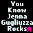 Pixelated text "You Know Jenna Gugliuzza Rocks" with a star symbol, displayed across four color backgrounds in a