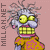 Pixelated character with wild gray hair, yellow eyes, and a yellow checkered mouth, wearing an orange outfit with pink accents against a pink background.