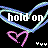 Pixelated static buddy icon featuring text "hold on" inside a heart-shaped frame with gradient borders and two overlapping pink hearts below, plus three white symbols in the bottom-right corner.
