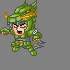Pixel art character in green armor with orange horns and red eye details, shown in two poses against gray background.