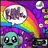 Pixelated cartoon character with large eyes and a smile, set against a rainbow and purple background with floating bubbles and coins.