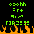Green pixelated text and orange flames on black background, with repeated "Fire" variations and exclamation marks.