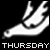 Static pixel art icon featuring a white abstract shape resembling a stylized foot or shoe on black background with "THURSDAY" text below in blocky font.