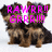 Two brown and black dogs sit side-by-side with bright pink text overlay reading "RAWRR! GRRR!!!" on a white background.