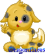 Pixelated yellow creature with gray patches, pink nose, and white belly waves left hand while right eye blinks closed in two