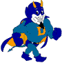 Blue and orange cartoon character with yellow horns, white beard, blue mask, teal body suit with large yellow 'U' on chest, orange cape, walking pose left to right.