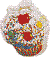 Pixelated circular icon with red heart shapes, yellow sun-like element, and multicolored background fragments.