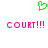 Green pixelated heart symbol above two identical pink text strings reading 'COURT!!!' on white background.