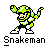 Pixel art character in green and white attire with black accents, dynamic pose above text reading 'Snakeman' on gray background.