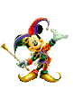 Four Mickey Mouse jester avatars in distinct poses, each wearing a colorful jester hat with bells and gold shoes, holding a staff or bell against a gray background.