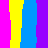 Pixelated text reads 'Back where I belong!' over a background of vertical stripes in bright yellow, blue, and magenta.