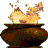 Four-frame animation of a dark brown cauldron with orange-yellow flames and floating embers, arranged in a 2x2 contact sheet on gray background.