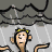 Animated sequence of a cartoon monkey with yellow flowers in its hair against stormy background, showing facial expression changes from neutral to smiling.