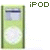 Two pixelated green iPod Mini icons side-by-side with 'iPOD' text above and 'MiNi' below, showing identical static design.