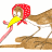 A pixelated cartoon bird with a red hood and yellow beak holding a pink stick, next to green text reading "Original Icons .com" on a dark background.