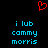 Red pixelated heart symbol above two identical blue text blocks reading 'i lub commy morris' on black background.