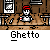 Pixel art contact sheet showing nine frames of an animated icon featuring a cartoon character in a diner setting with repeated "Ghetto" text labels below each frame.
