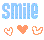 Pixelated blue text 'smile' above three orange pixel art icons on white background.