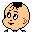 Pixelated cartoon character with peach skin, black hair, and blue-and-white clothing showing two facial expressions side-by-side.